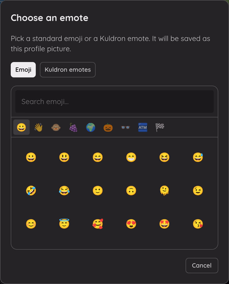 The profile-picture chooser with Emoji and Kuldron emotes tabs.