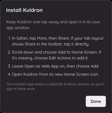 The Install Kuldron directions opened from the account menu.