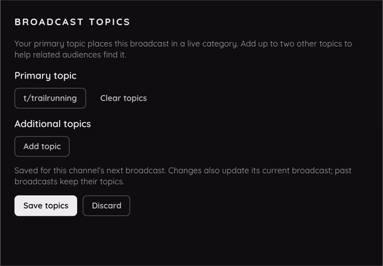 The Broadcast topics settings in Studio, with a primary topic chosen.