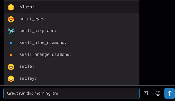 Colon suggestions in the room composer, listing the shortcodes that match.