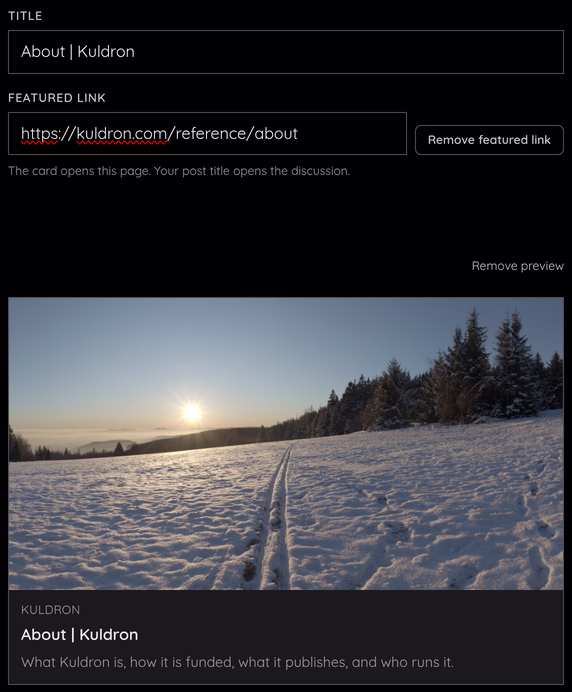 The forum composer with a featured link, its suggested title and the link card.