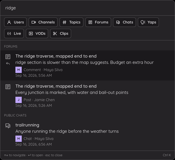 The search palette with the Forums and Chats toggles and dated content results.