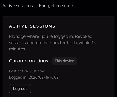 The Security page on a phone, with section navigation and compact session rows.