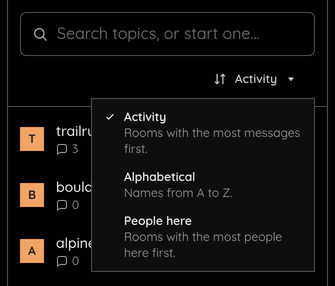The chat room directory with its sort menu open.