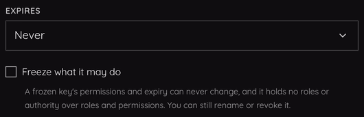 The expiry and freeze controls on a new API key.