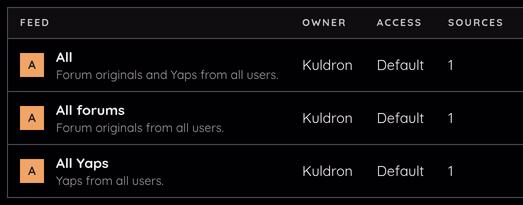 The built-in All, All forums and All Yaps feeds in the feed library.