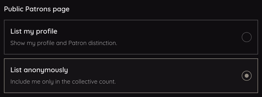 The Public Patrons page choice in Patronage settings.