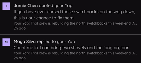 A reply and a quote in Activity, each with the Yap it answers.